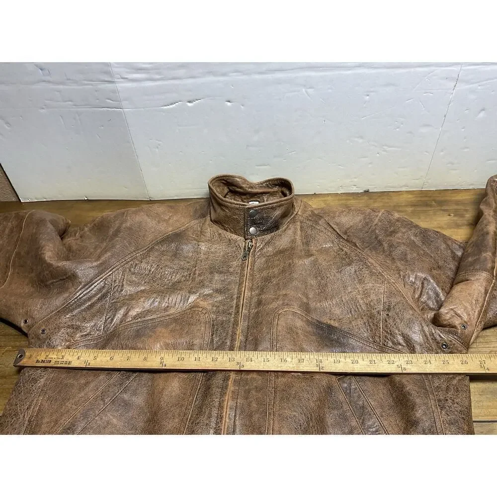 Context Vintage 90s Leather Bomber Jacket Brown Size Aztec Lining Full Zip XLT